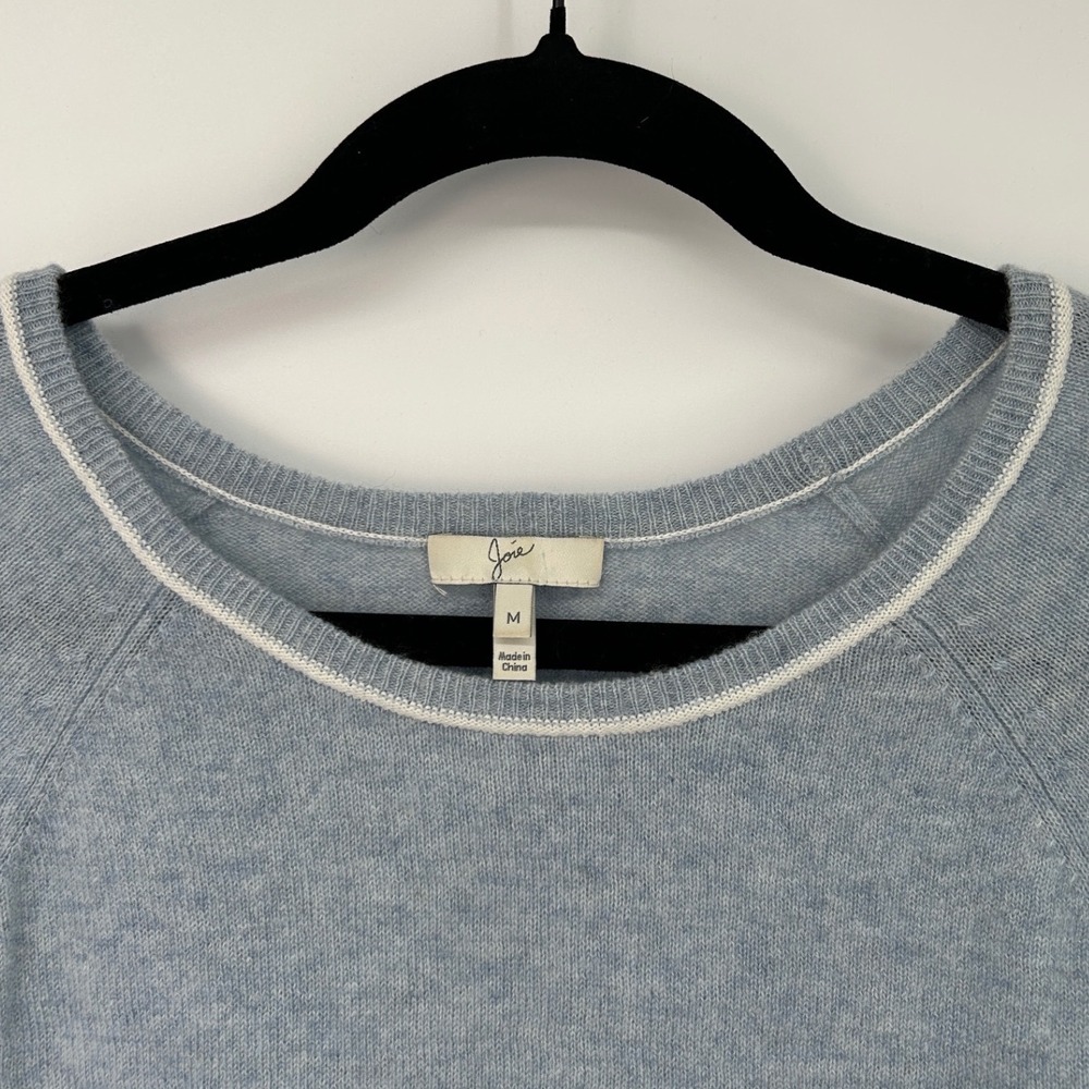 Joie 100% Cashmere Blue Gray Crewneck Luxury Sweater White Trim Womens Medium - Picture 3 of 6